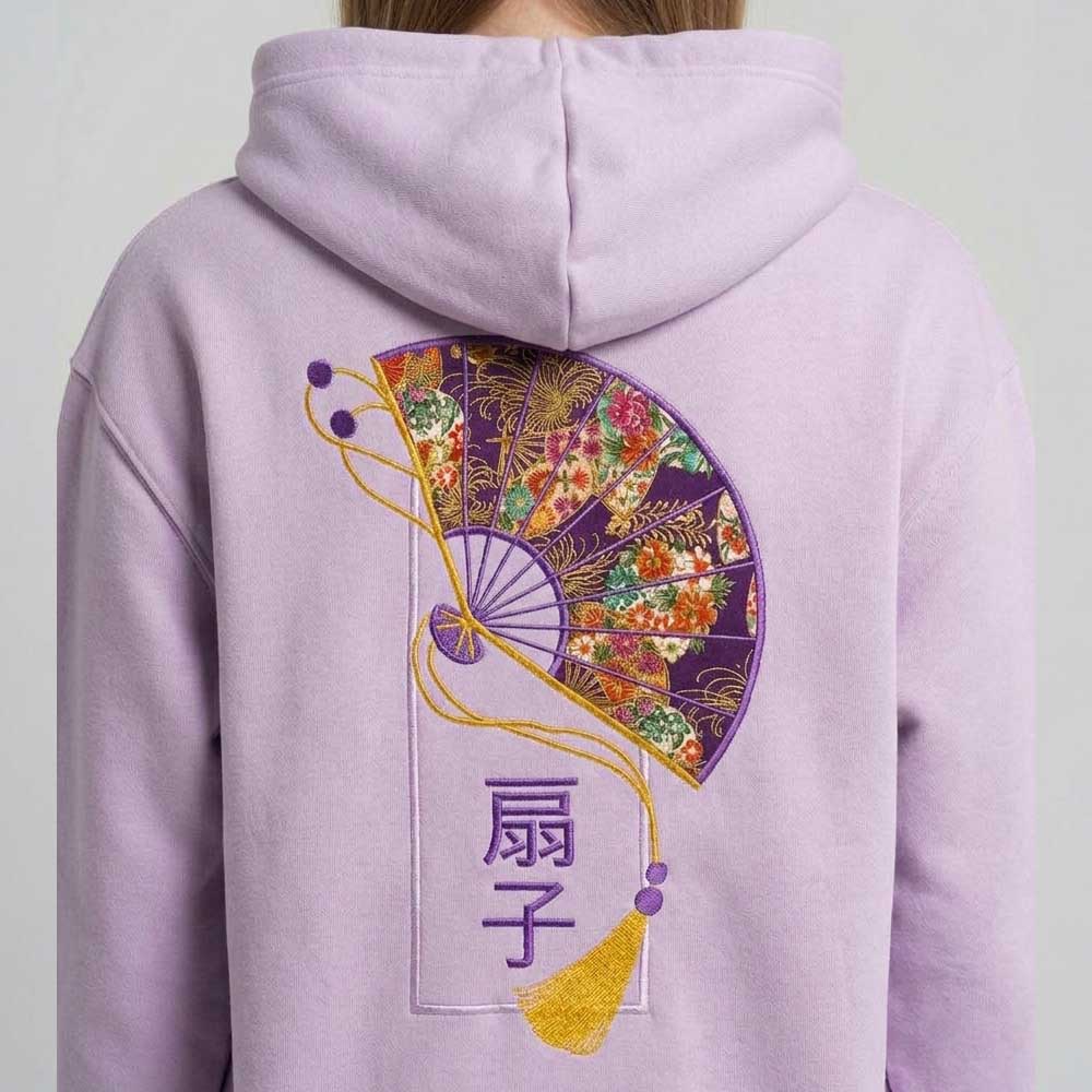 Sweat à capuche brodé "Sensu" Eventail appliqué tissu japonais