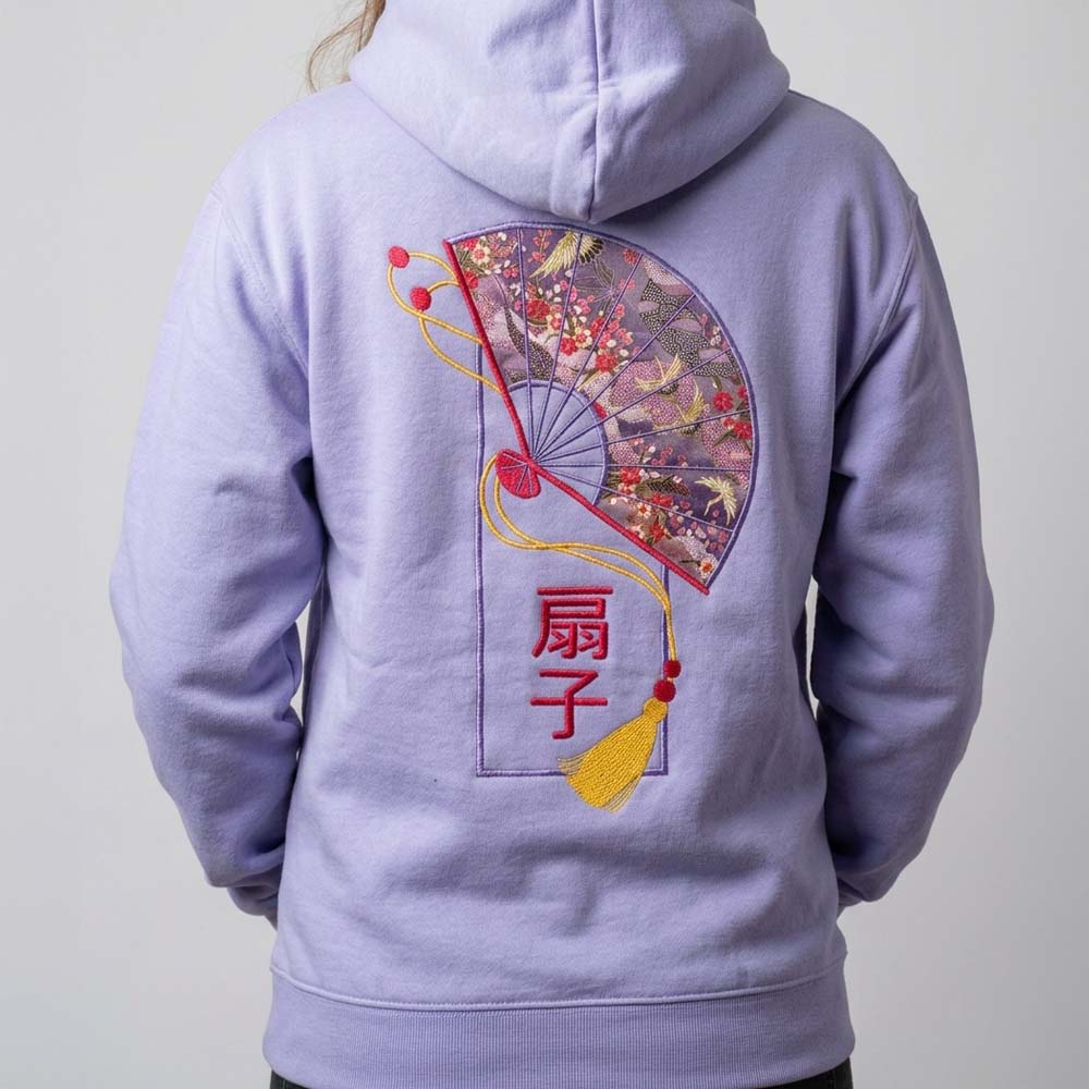 Sweat à capuche brodé "Sensu" Eventail appliqué tissu japonais