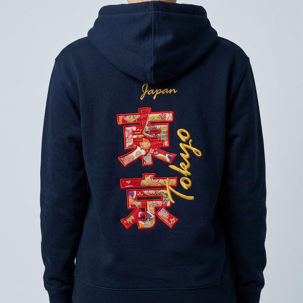 Sweat à capuche brodé "Tokyo" appliqué tissu japonais